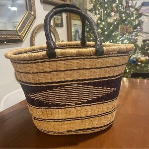 Large Handwoven Tan and Blue Basket Bag